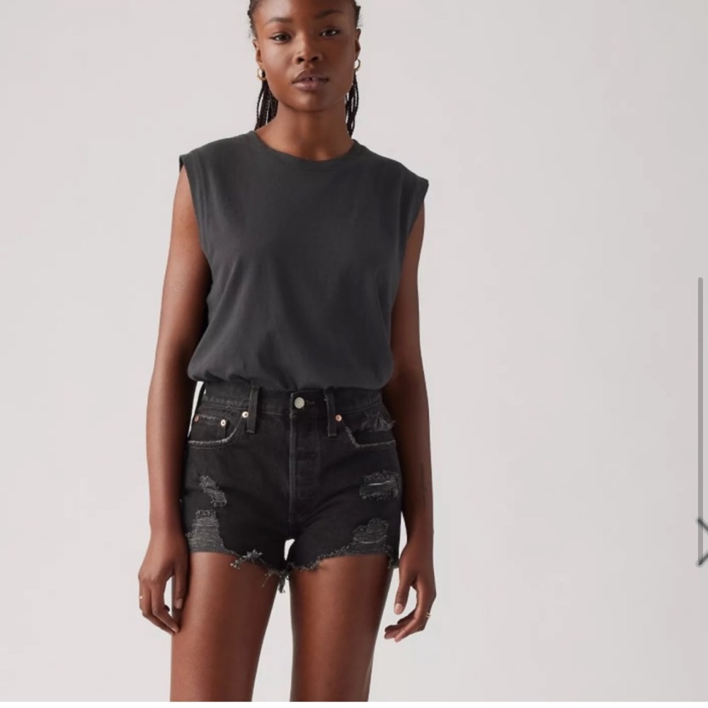 Levi’s 501 black high waisted distressed jean shorts multi button fly closure
